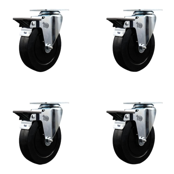 5'' Soft Rubber Wheel Swivel Top Plate Caster Set with Posi Brake, 4PK